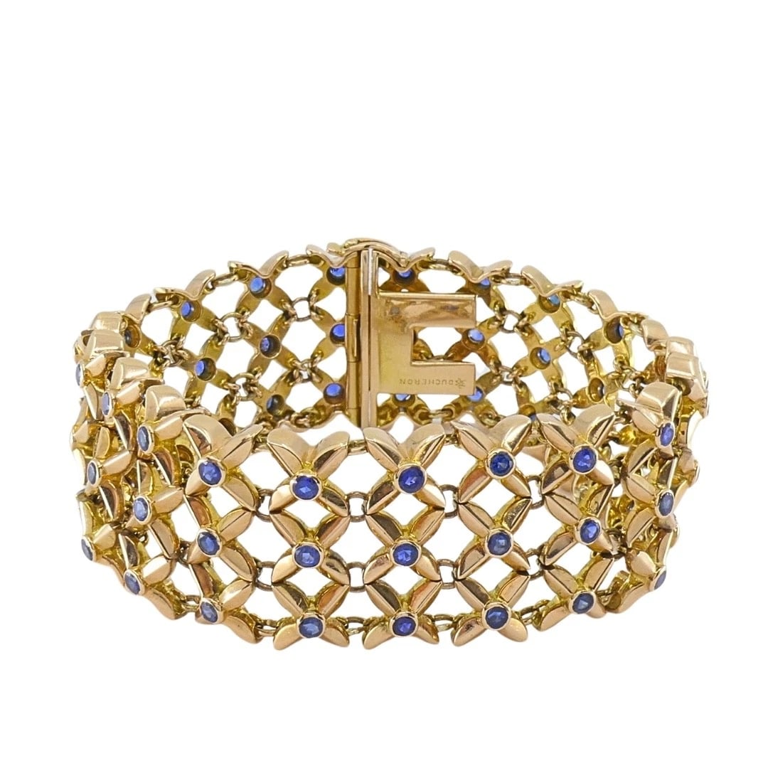Boucheron 18k Gold Sapphire Wide Mesh Bracelet - 9