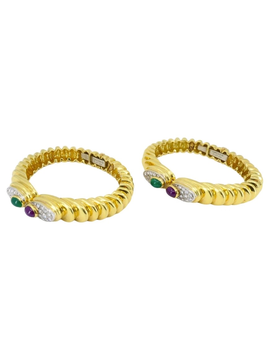David Webb Pair of Gold Bracelets Platinum Diamond Gemstone Cabochons - 10
