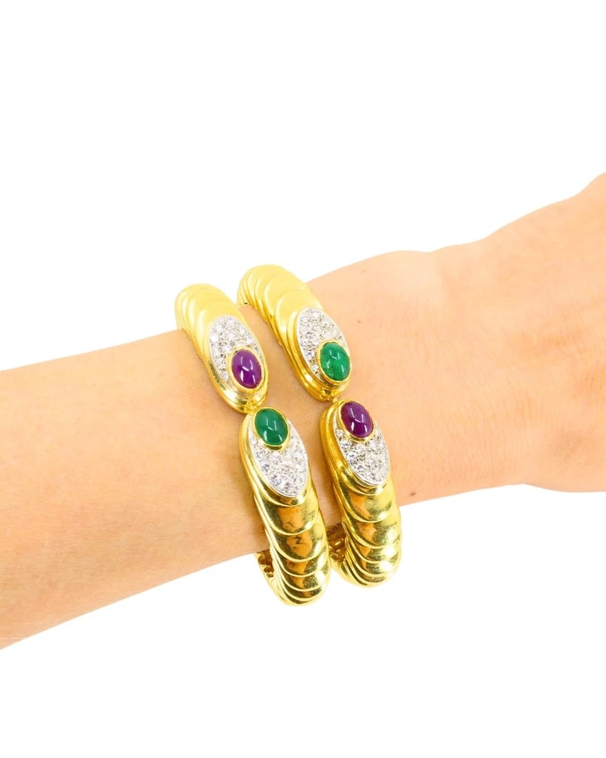 David Webb Pair of Gold Bracelets Platinum Diamond Gemstone Cabochons - 14