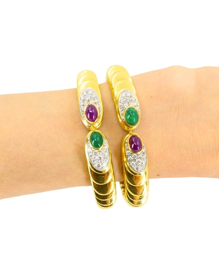 David Webb Pair of Gold Bracelets Platinum Diamond Gemstone Cabochons - 15