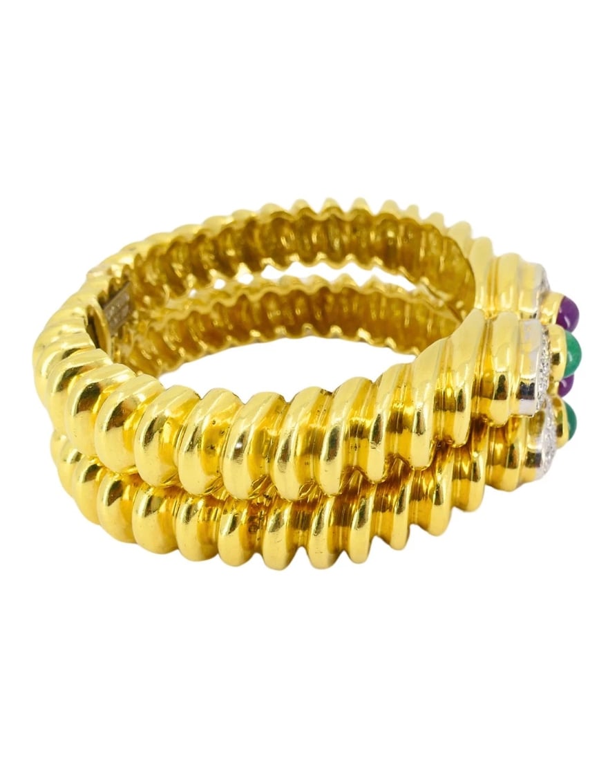 David Webb Pair of Gold Bracelets Platinum Diamond Gemstone Cabochons - 7