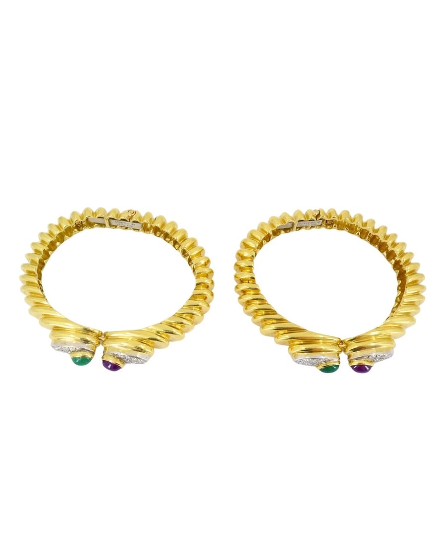 David Webb Pair of Gold Bracelets Platinum Diamond Gemstone Cabochons - 9