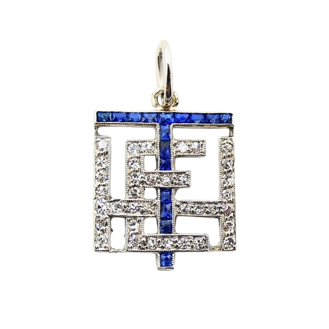 Antique Platinum Diamond Sapphire Geometric Pendant Charm: Title: Antique Platinum Diamond Sapphire Geometric Pendant Charm Description: ES ITO Product details: MATERIALS: Platinum GEMSTONE: Diamond, Sapphire WEIGHT: 1.7 Grams MEASUREMENTS: 1/2" x 1/2" ITEM
