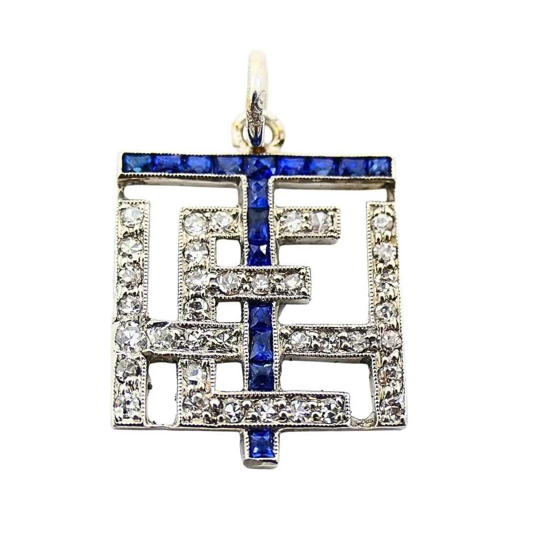 Antique Platinum Diamond Sapphire Geometric Pendant Charm - 5