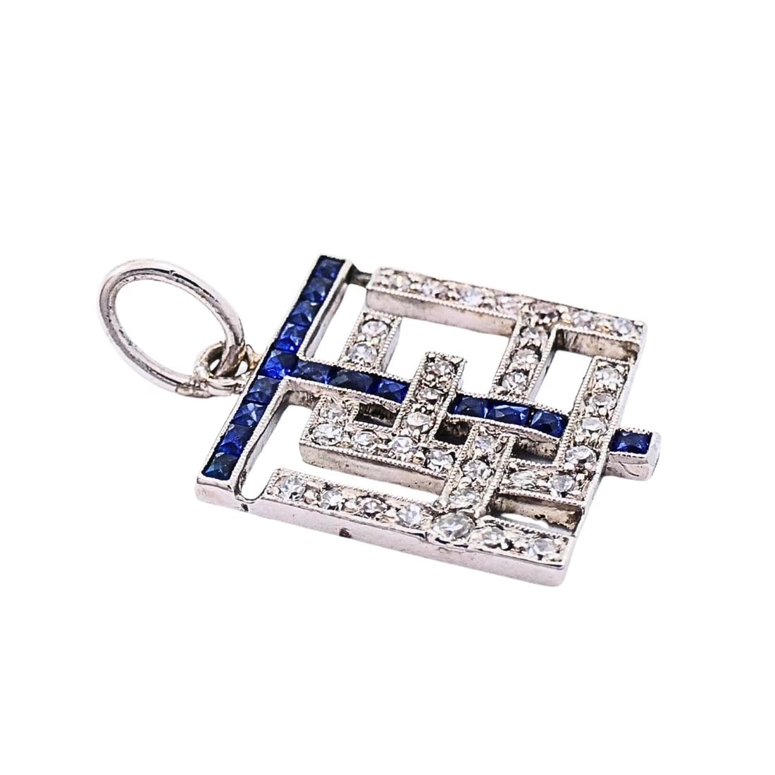 Antique Platinum Diamond Sapphire Geometric Pendant Charm - 6