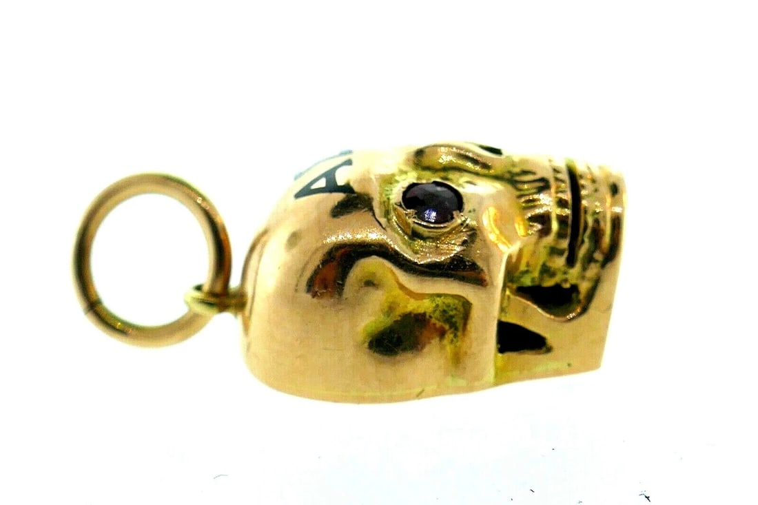 MODERN 18k Rose Gold, Ruby & Enamel Skull Charm Engraved - 3