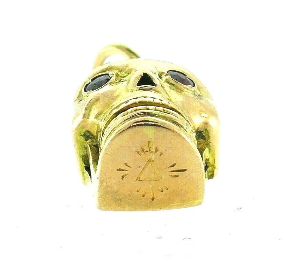 MODERN 18k Rose Gold, Ruby & Enamel Skull Charm Engraved - 4