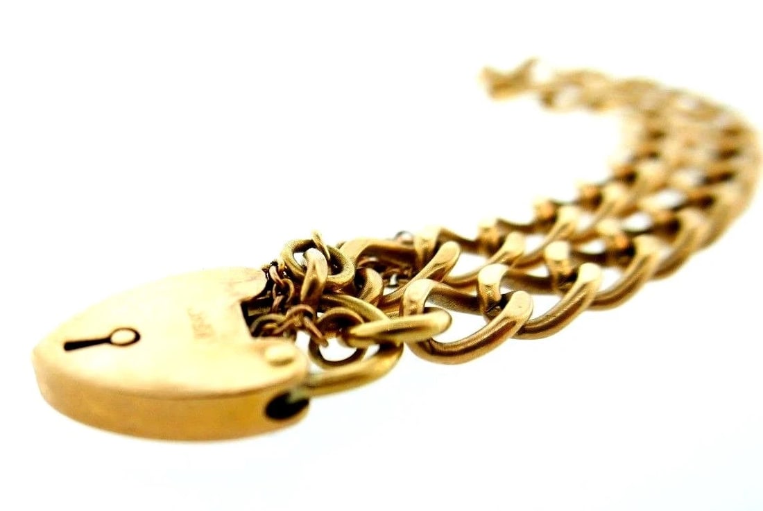 VICTORIAN 9k Rose Gold Heart Charm & Curb Link Bracelet Circa 1900s - 3