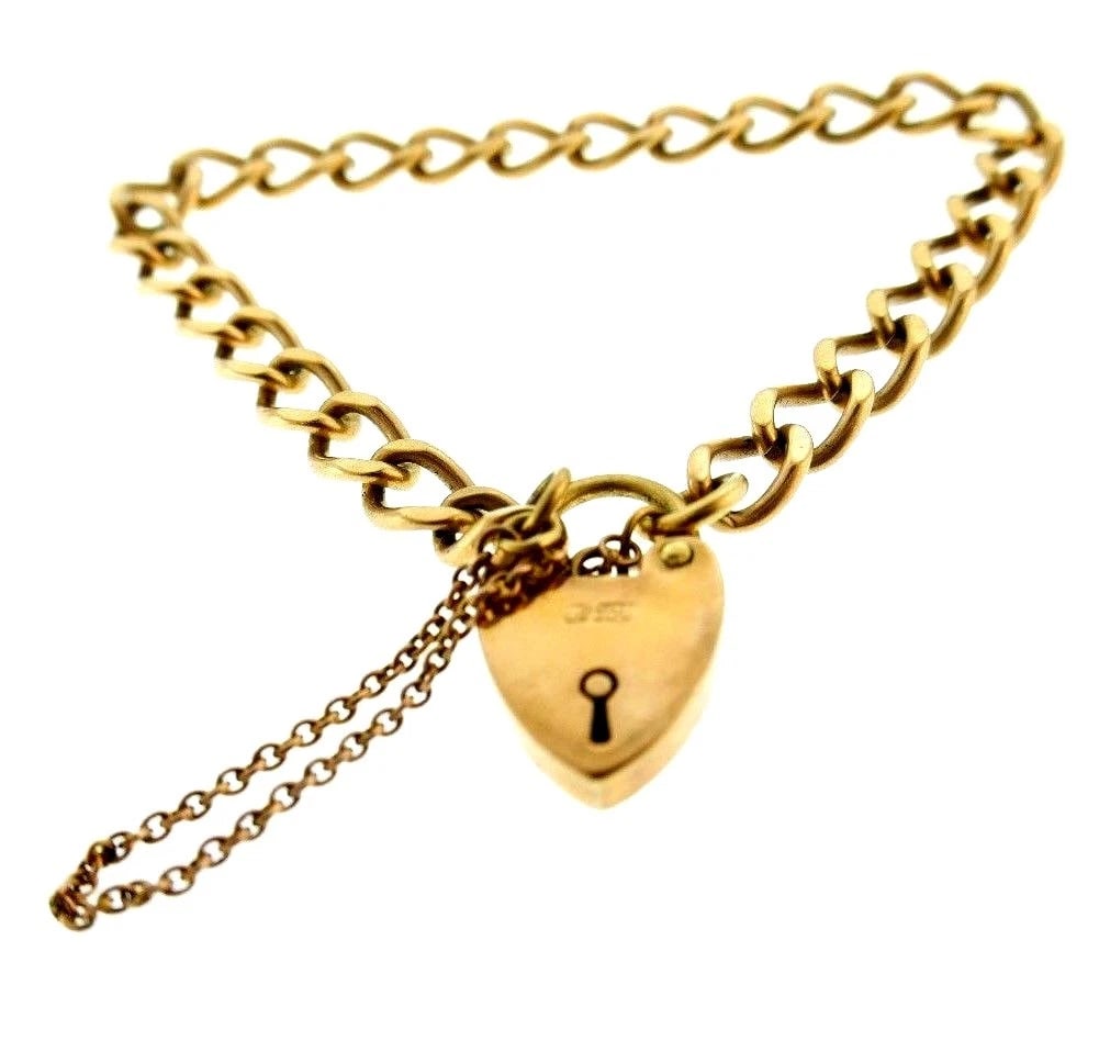 VICTORIAN 9k Rose Gold Heart Charm & Curb Link Bracelet Circa 1900s - 5