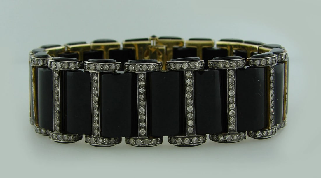 Chic BLACK ONYX 2.52 cts DIAMOND SILVER YELLOW GOLD BRACELET Art Deco Revival - 2