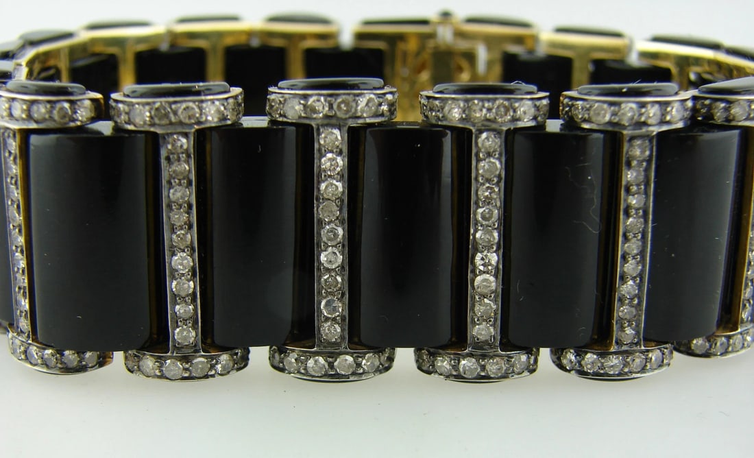 Chic BLACK ONYX 2.52 cts DIAMOND SILVER YELLOW GOLD BRACELET Art Deco Revival - 3
