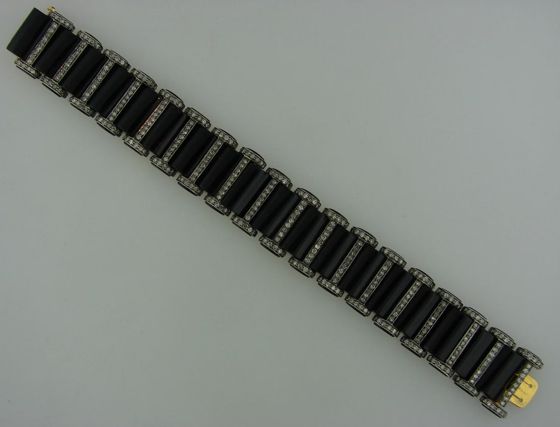Chic BLACK ONYX 2.52 cts DIAMOND SILVER YELLOW GOLD BRACELET Art Deco Revival - 4