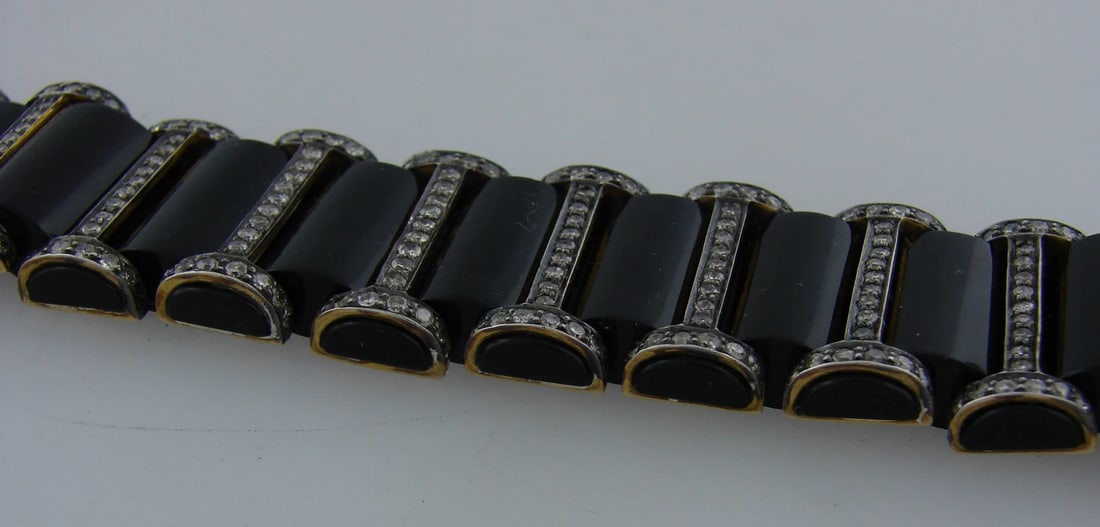 Chic BLACK ONYX 2.52 cts DIAMOND SILVER YELLOW GOLD BRACELET Art Deco Revival - 6