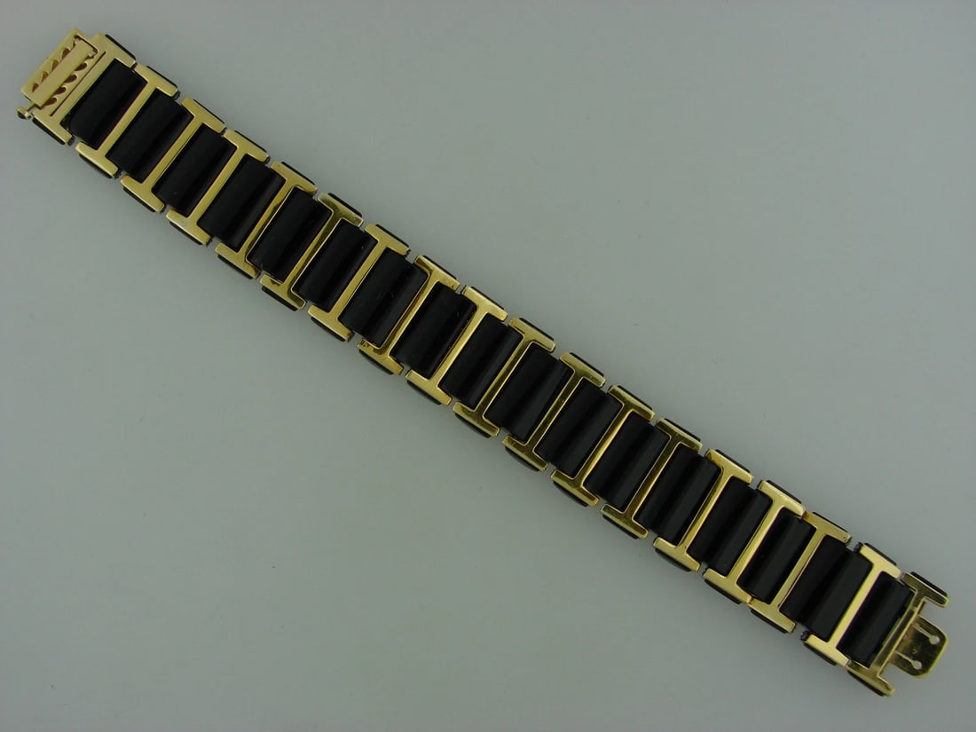 Chic BLACK ONYX 2.52 cts DIAMOND SILVER YELLOW GOLD BRACELET Art Deco Revival - 7