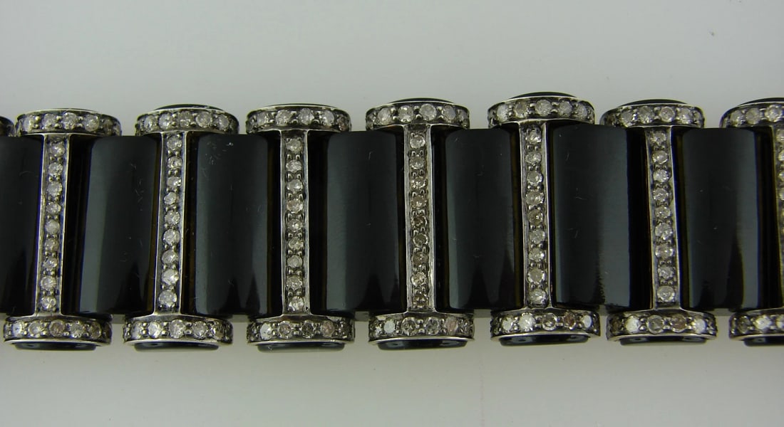 Chic BLACK ONYX 2.52 cts DIAMOND SILVER YELLOW GOLD BRACELET Art Deco Revival - 8