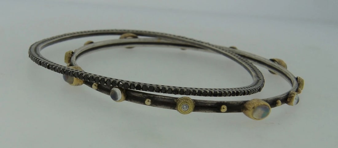 Chic BLACK DIAMOND MOONSTONE YELLOW GOLD SLIVER BANGLE BRACELET - Stylish Pair - 2