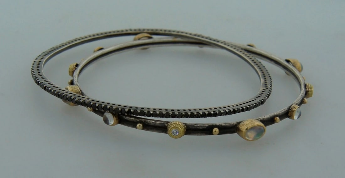 Chic BLACK DIAMOND MOONSTONE YELLOW GOLD SLIVER BANGLE BRACELET - Stylish Pair - 3