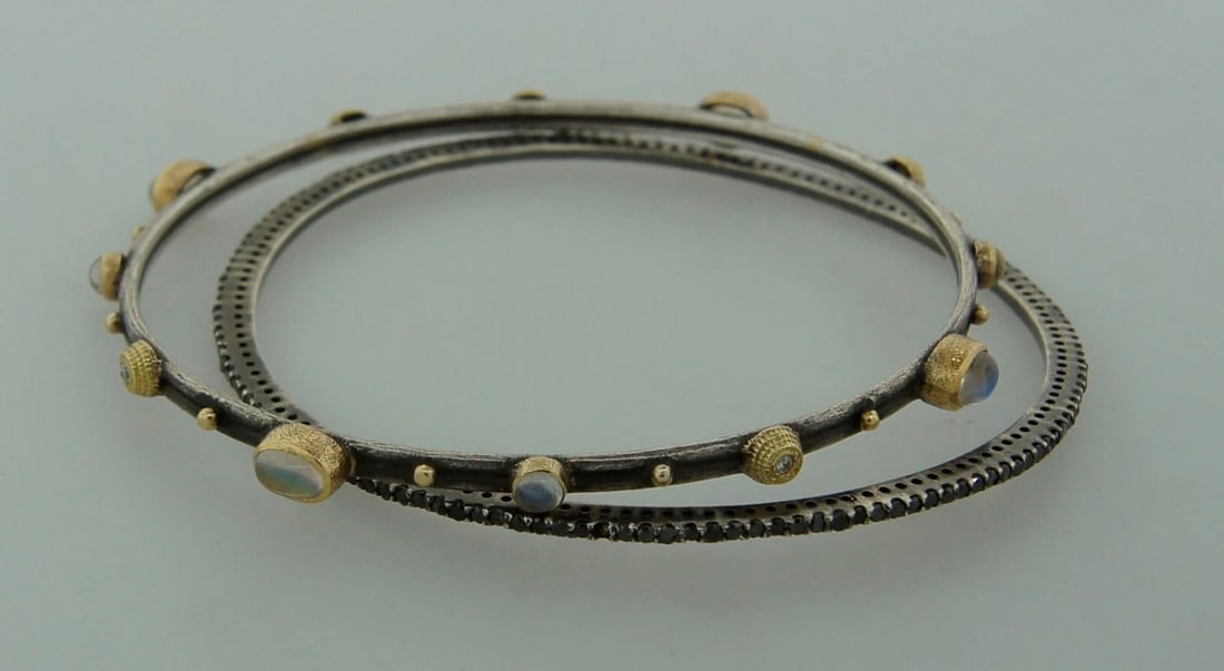 Chic BLACK DIAMOND MOONSTONE YELLOW GOLD SLIVER BANGLE BRACELET - Stylish Pair - 4
