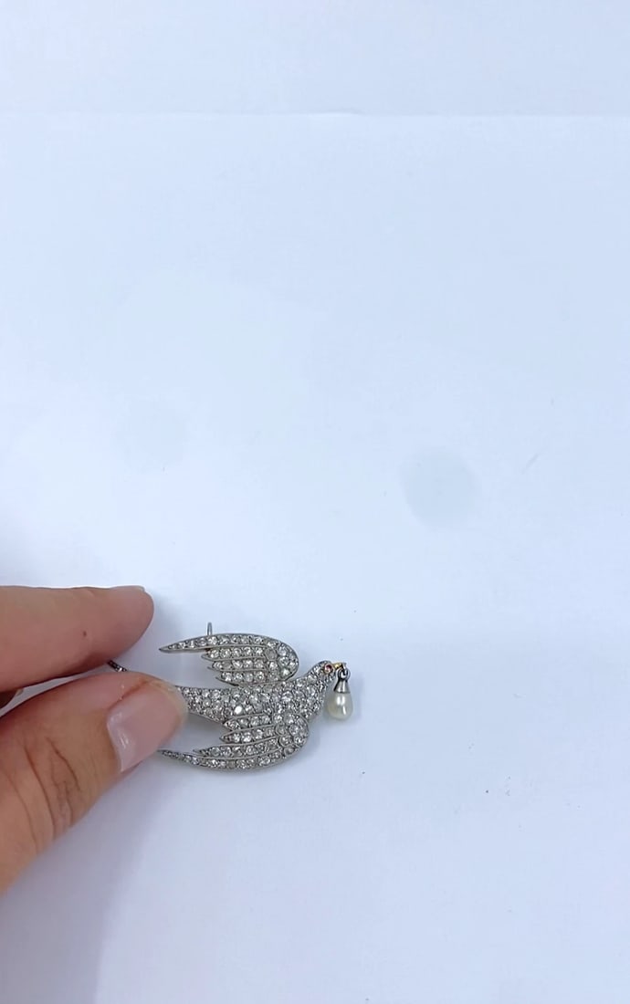 Platinum Diamond Dove Brooch Pendant with Pearl Drop - 2