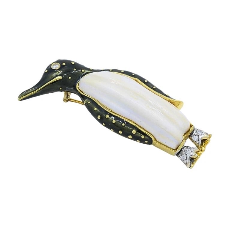 Aldo Cipullo for Cartier Brooch Penguin Enamel Diamond 18K Gold - 3
