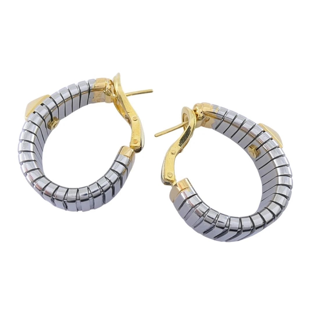 Bvlgari 18k Yellow Gold & Steel Tubogas Pyramid Hoop Earrings - 5