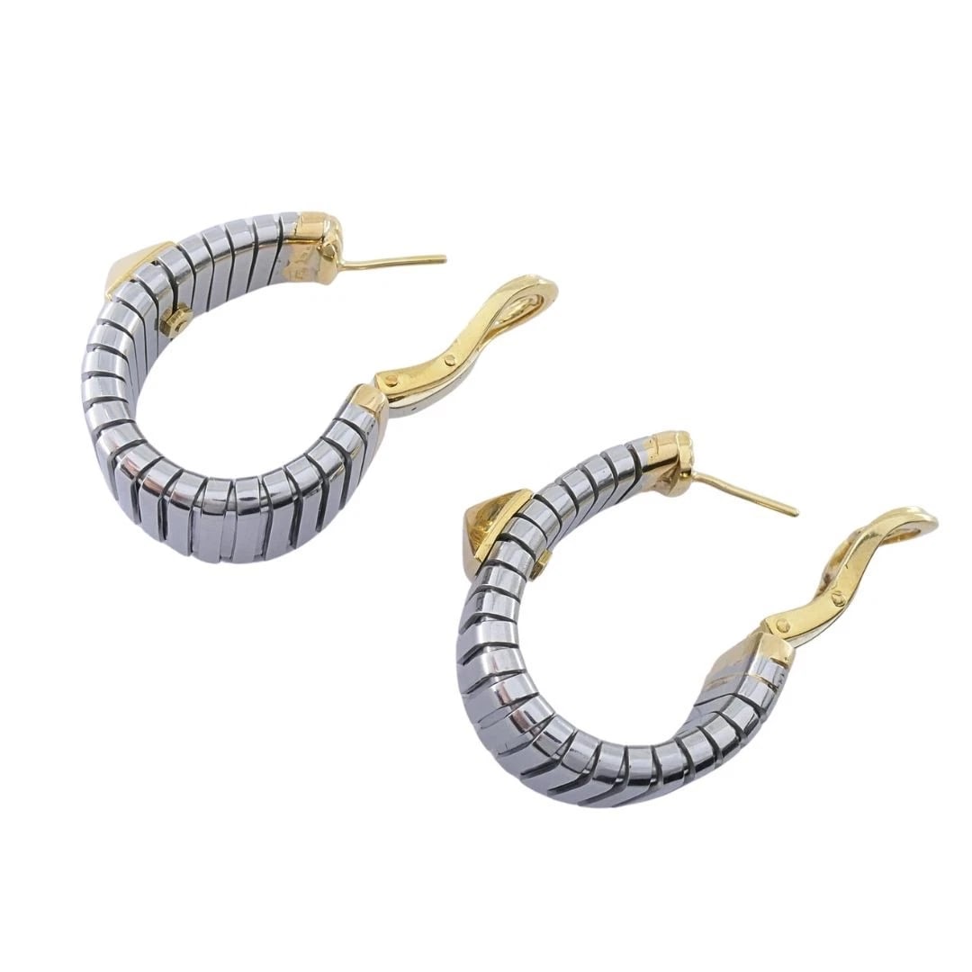 Bvlgari 18k Yellow Gold & Steel Tubogas Pyramid Hoop Earrings - 6
