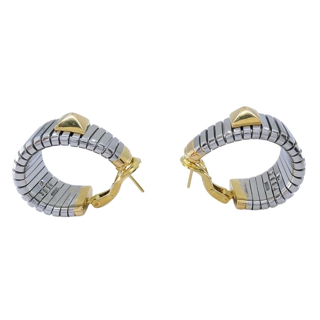 Bvlgari 18k Yellow Gold & Steel Tubogas Pyramid Hoop Earrings - 9