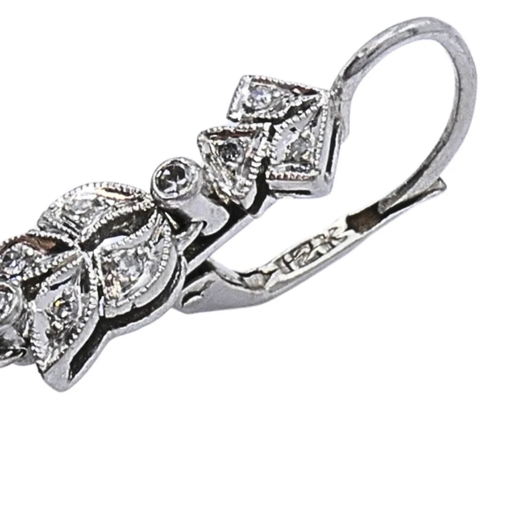 Art Deco-Style 12k White Gold Emerald Diamond Drop Earrings - 10