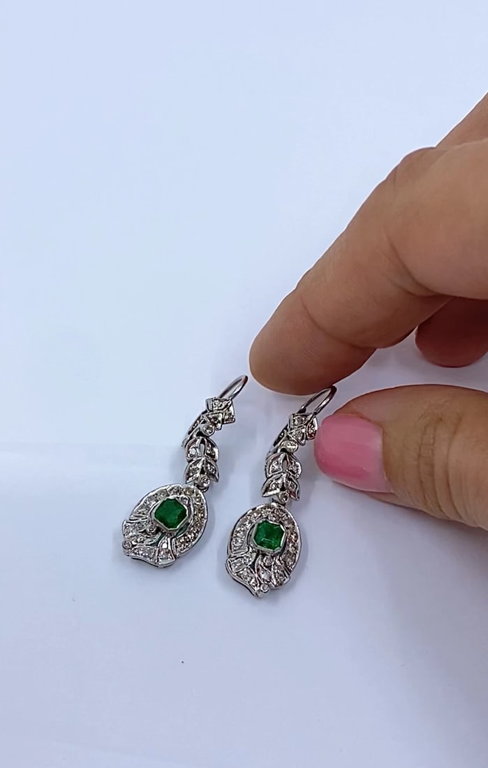 Art Deco-Style 12k White Gold Emerald Diamond Drop Earrings - 2