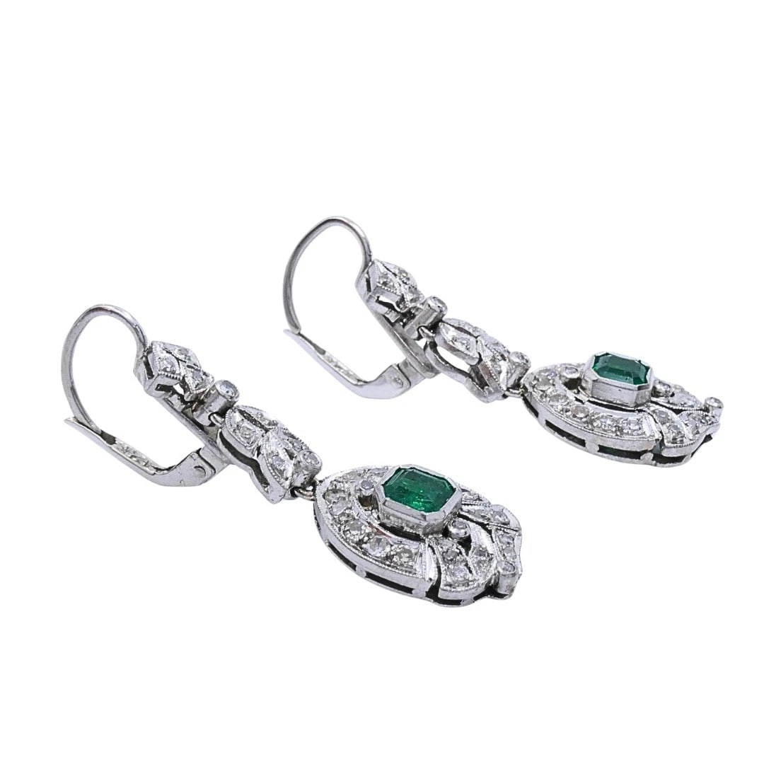 Art Deco-Style 12k White Gold Emerald Diamond Drop Earrings - 5