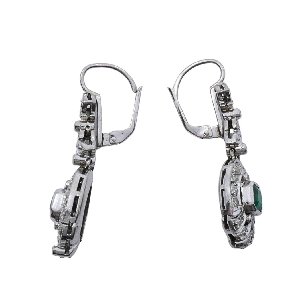 Art Deco-Style 12k White Gold Emerald Diamond Drop Earrings - 7