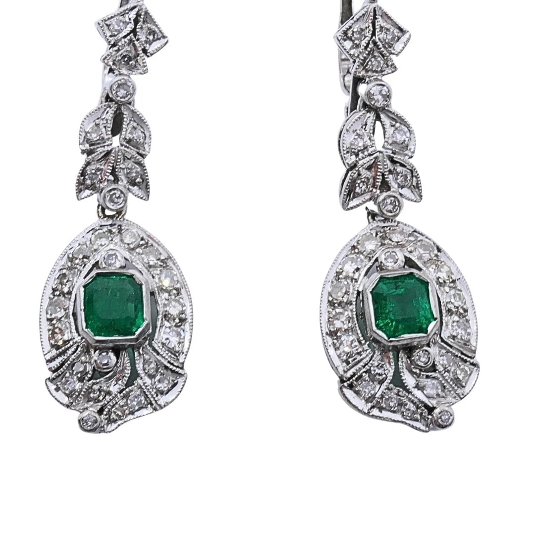 Art Deco-Style 12k White Gold Emerald Diamond Drop Earrings - 9