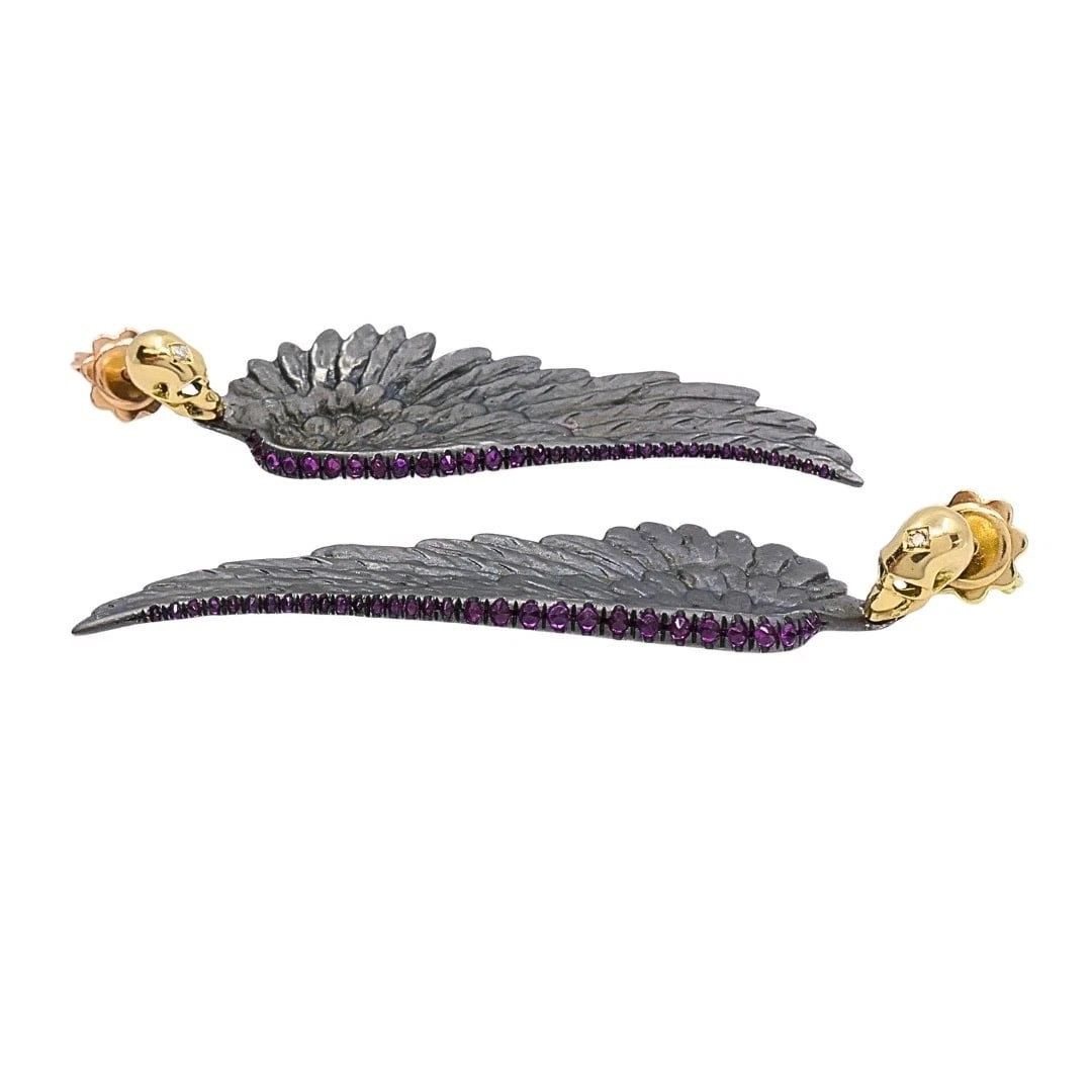 Theodoros 18k Gold & Sterling Silver Ruby Wing Skull Earrings - 5