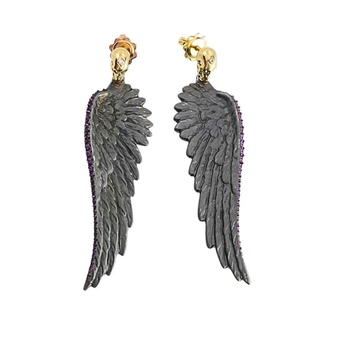 Theodoros 18k Gold & Sterling Silver Ruby Wing Skull Earrings - 6