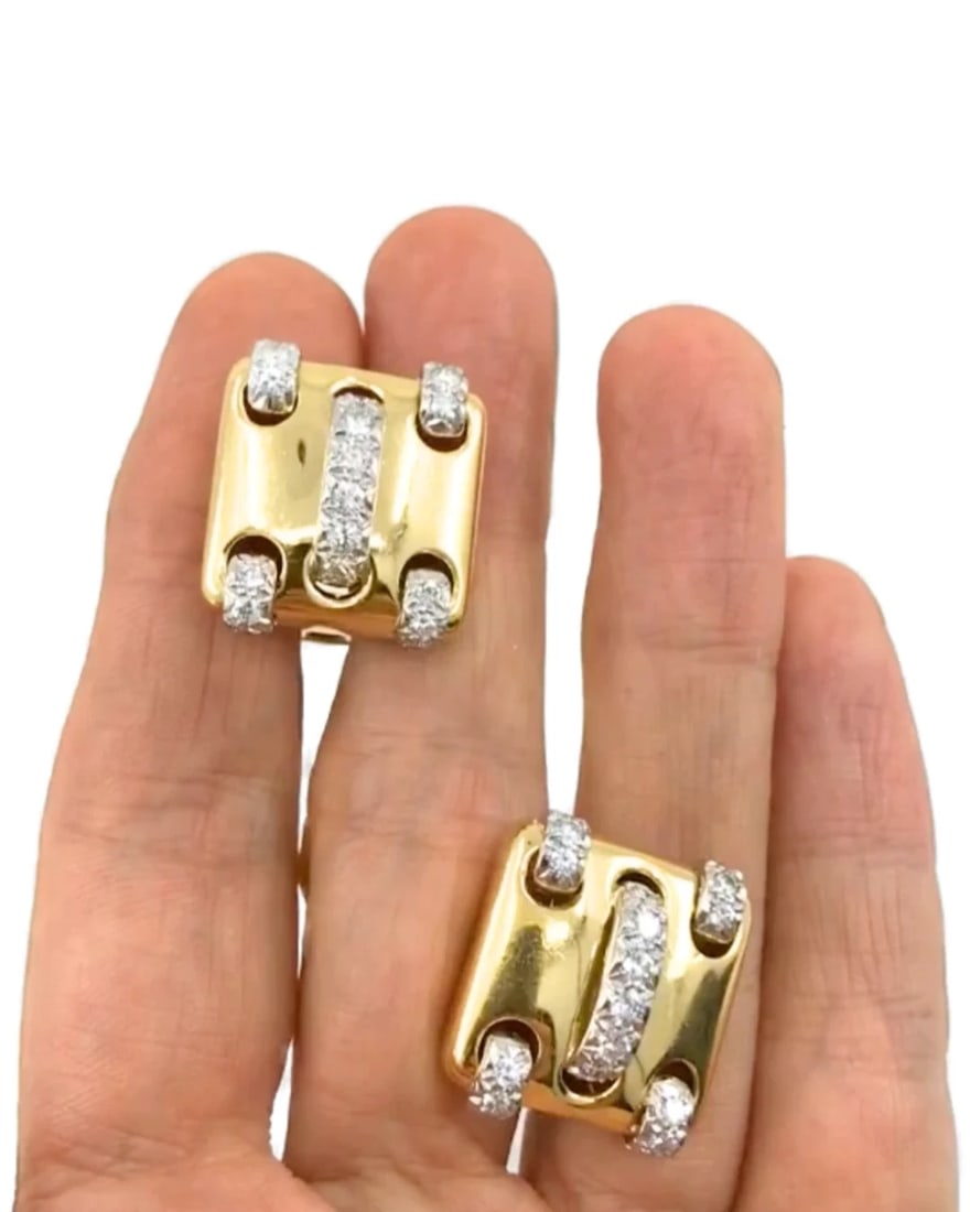 Vintage Cartier Earrings 18k Gold Diamond Stitch Design - 2