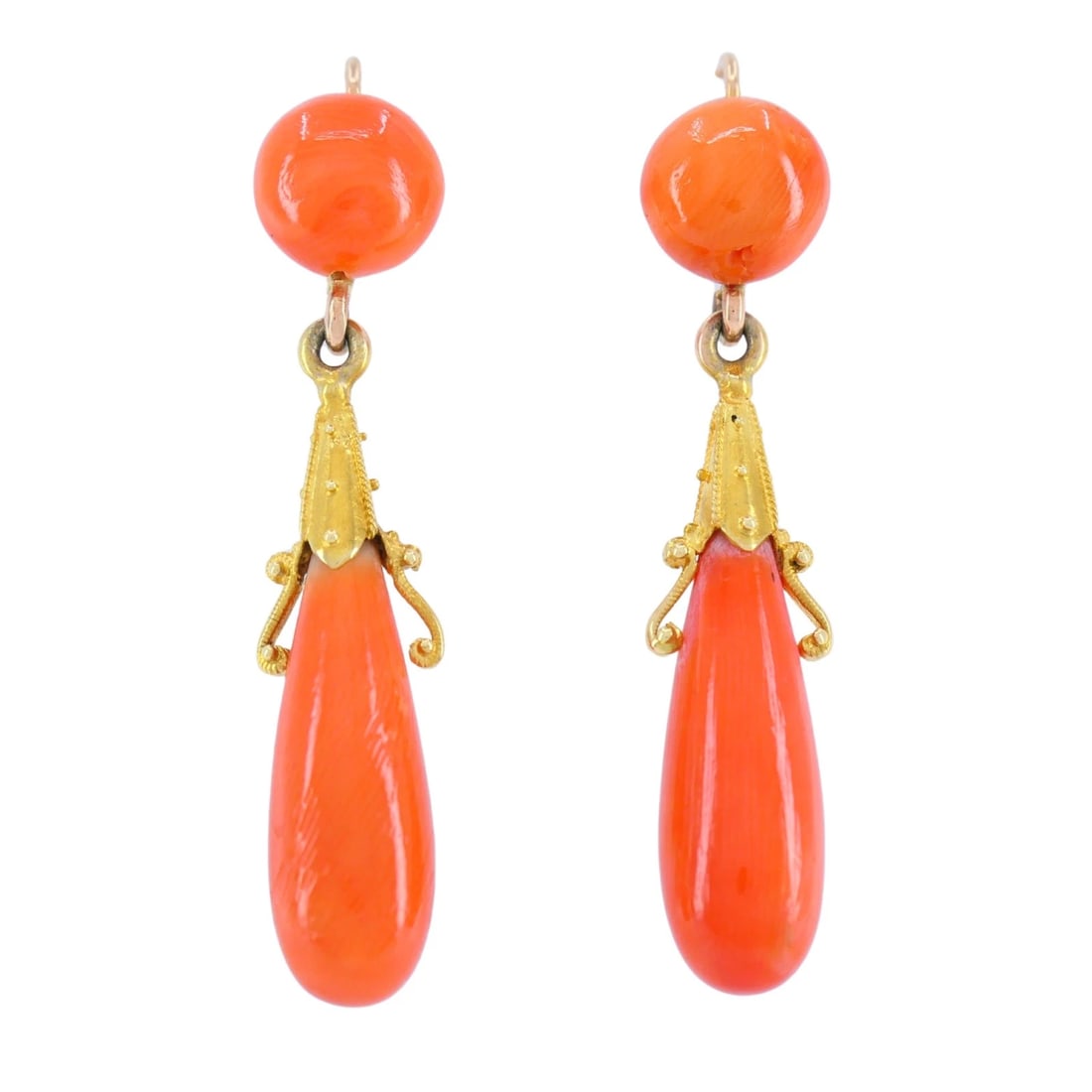 Victorian French 18k Yellow Gold Coral Drop Earrings: Title: Victorian French 18k Yellow Gold Coral Drop Earrings Description: KL JNOO These antique French 18k gold coral drop earrings feature a classic Victorian design centered around natural Mediterran