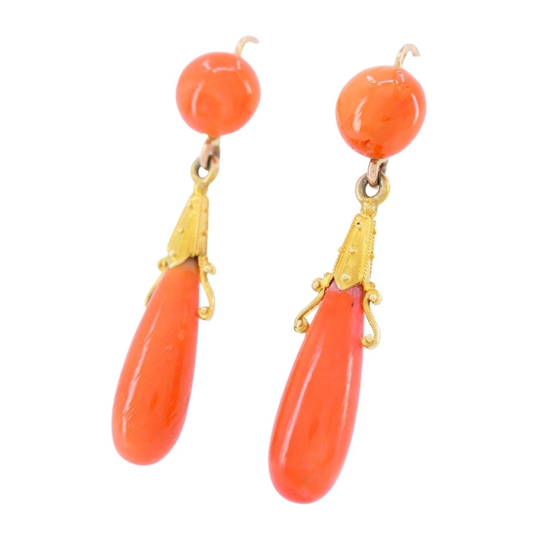 Victorian French 18k Yellow Gold Coral Drop Earrings - 6