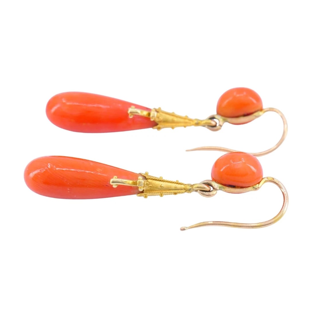 Victorian French 18k Yellow Gold Coral Drop Earrings - 9