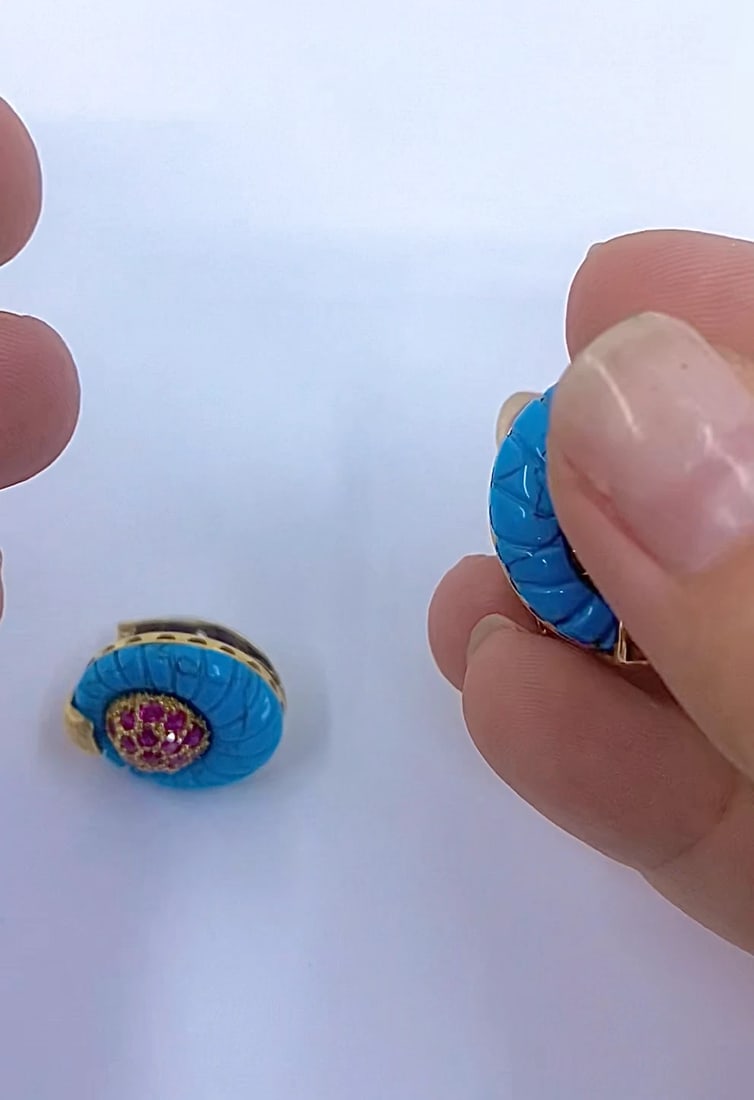 Vintage 18k Gold Carved Turquoise Pave Ruby Dome Stud Earrings - 2