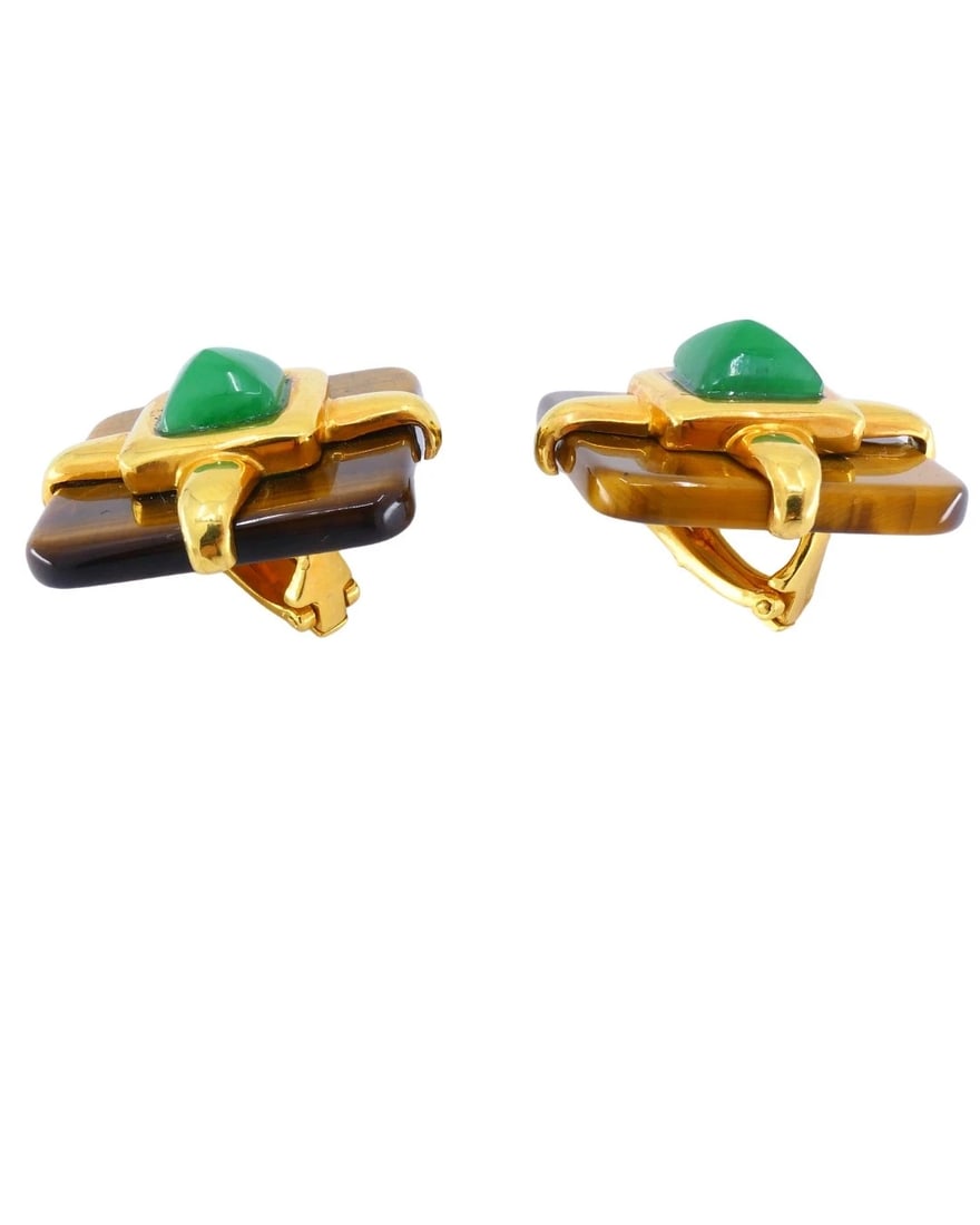 Aldo Cipullo Tiger's Eye Earrings 18k Gold Rhombus Shaped Earrings - 3