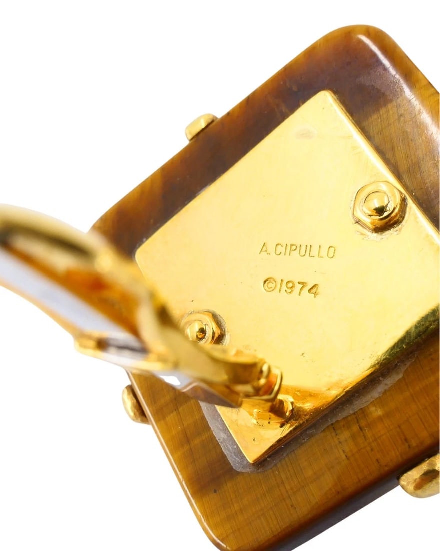 Aldo Cipullo Tiger's Eye Earrings 18k Gold Rhombus Shaped Earrings - 6