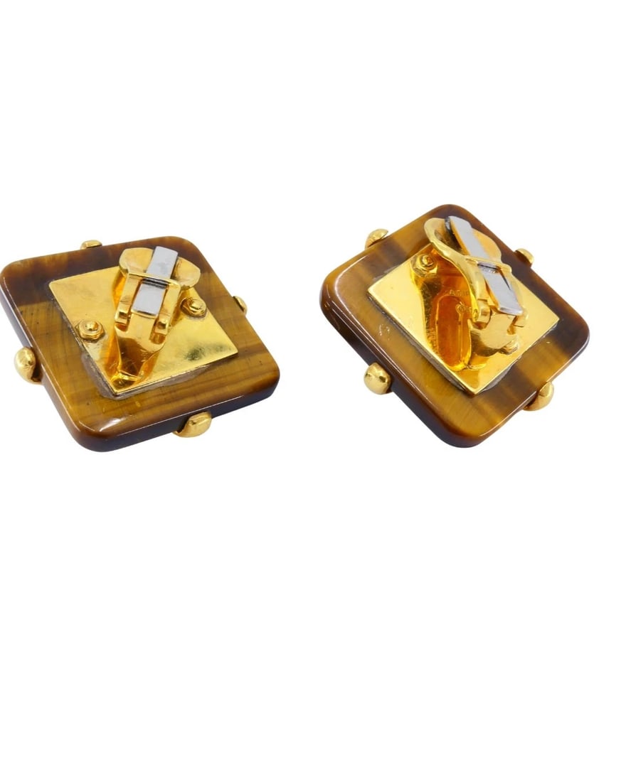 Aldo Cipullo Tiger's Eye Earrings 18k Gold Rhombus Shaped Earrings - 8