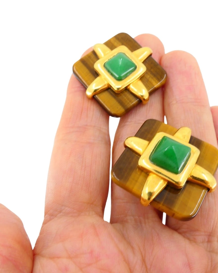 Aldo Cipullo Tiger's Eye Earrings 18k Gold Rhombus Shaped Earrings - 9