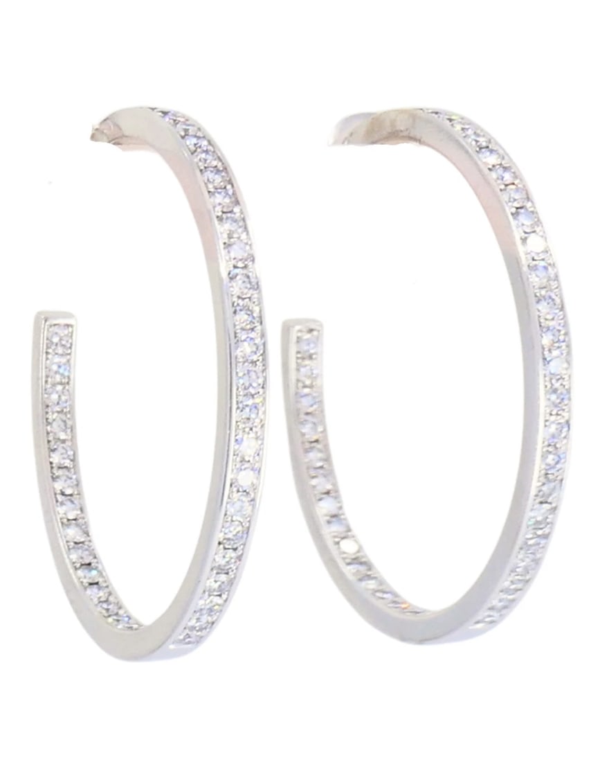Vintage Cartier Hoop Earrings 18k Gold Diamond Earrings: Title: Vintage Cartier Hoop Earrings 18k Gold Diamond Earrings Description: NS JUGTO Vintage Cartier Hoop Earrings 18k Gold Diamond Earrings A pair of vintage Cartier hoop earrings, crafted in 18k whi
