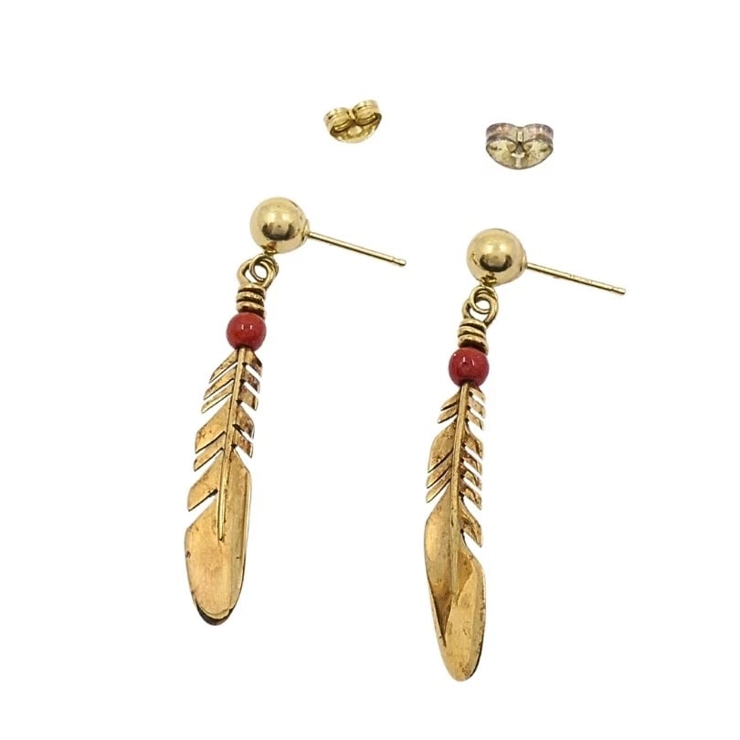 Ray Tracey 14k Gold Navajo Feather Drop Earrings Coral Beads - 5