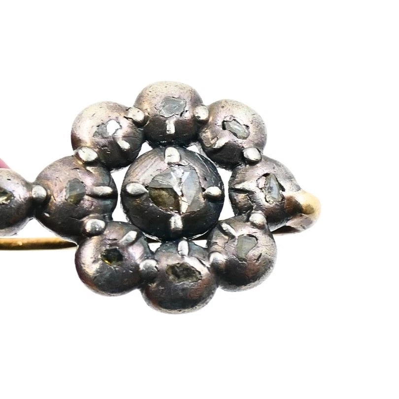 Georgian Silver Floral Diamond Cluster Earrings 14k Gold Ear Wires, 1830s - 10