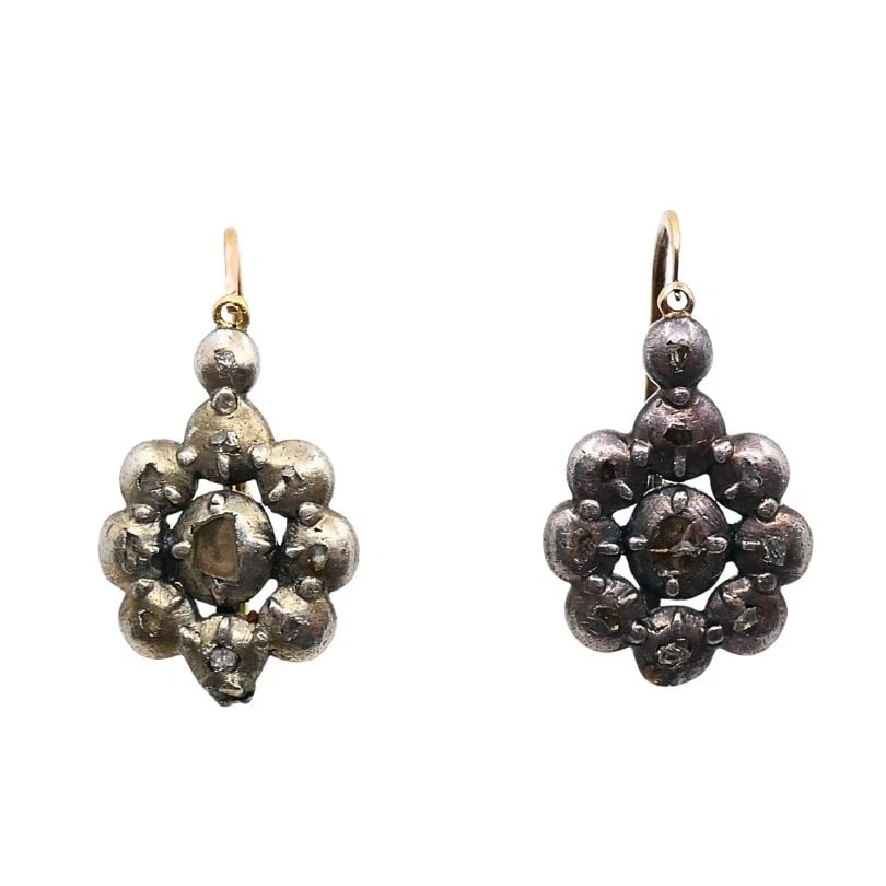 Georgian Silver Floral Diamond Cluster Earrings 14k Gold Ear Wires, 1830s - 7
