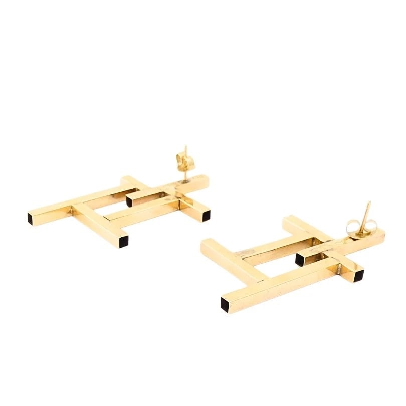 14k Gold Geometric Earrings Frame Design - 8