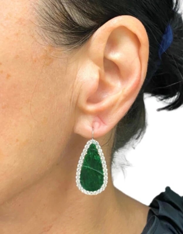 Carved Jadeite Diamond Earrings 18k White Gold - 3