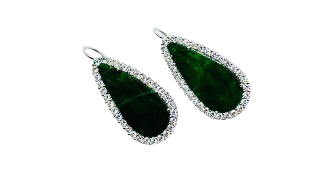 Carved Jadeite Diamond Earrings 18k White Gold - 4
